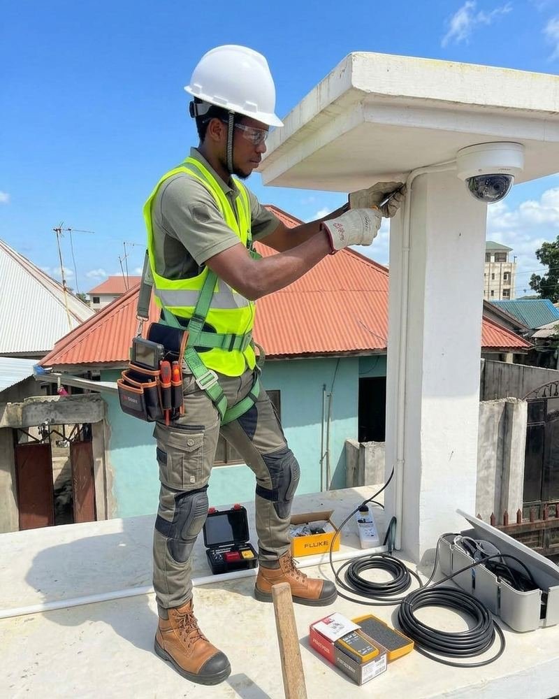 A CS technician in a safety harness installing a dome camera on a rooftop