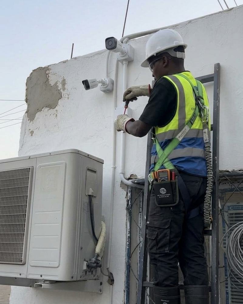 A technician running cable to wall cameras