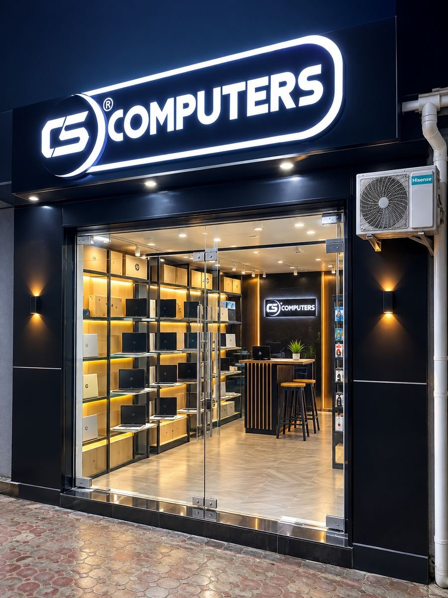 The CS Computers shop front at night, with its lit sign and laptops on display