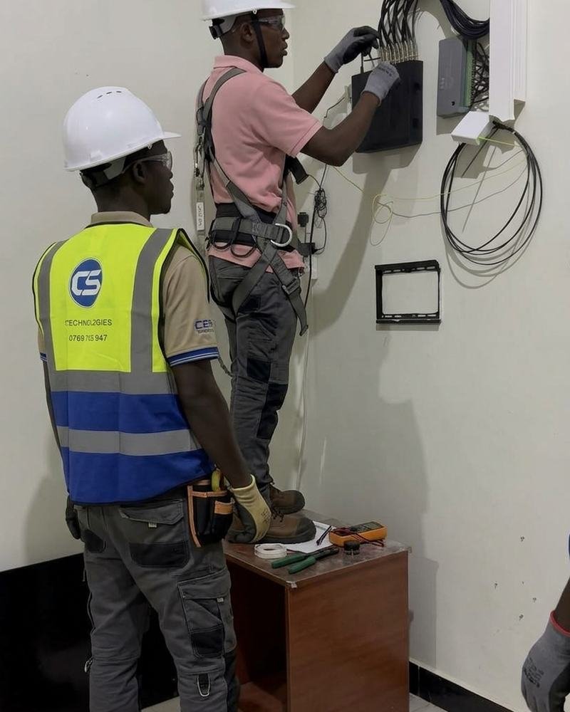 Two technicians terminating cables at a wall panel